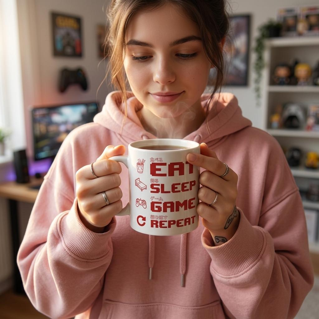 Smiling woman in pink hoodie holding steaming "Eat Sleep Game Repeat" pixel art gaming mug in cozy gaming room with Funko Pops and gaming setup in background – cozy gamer gift mug