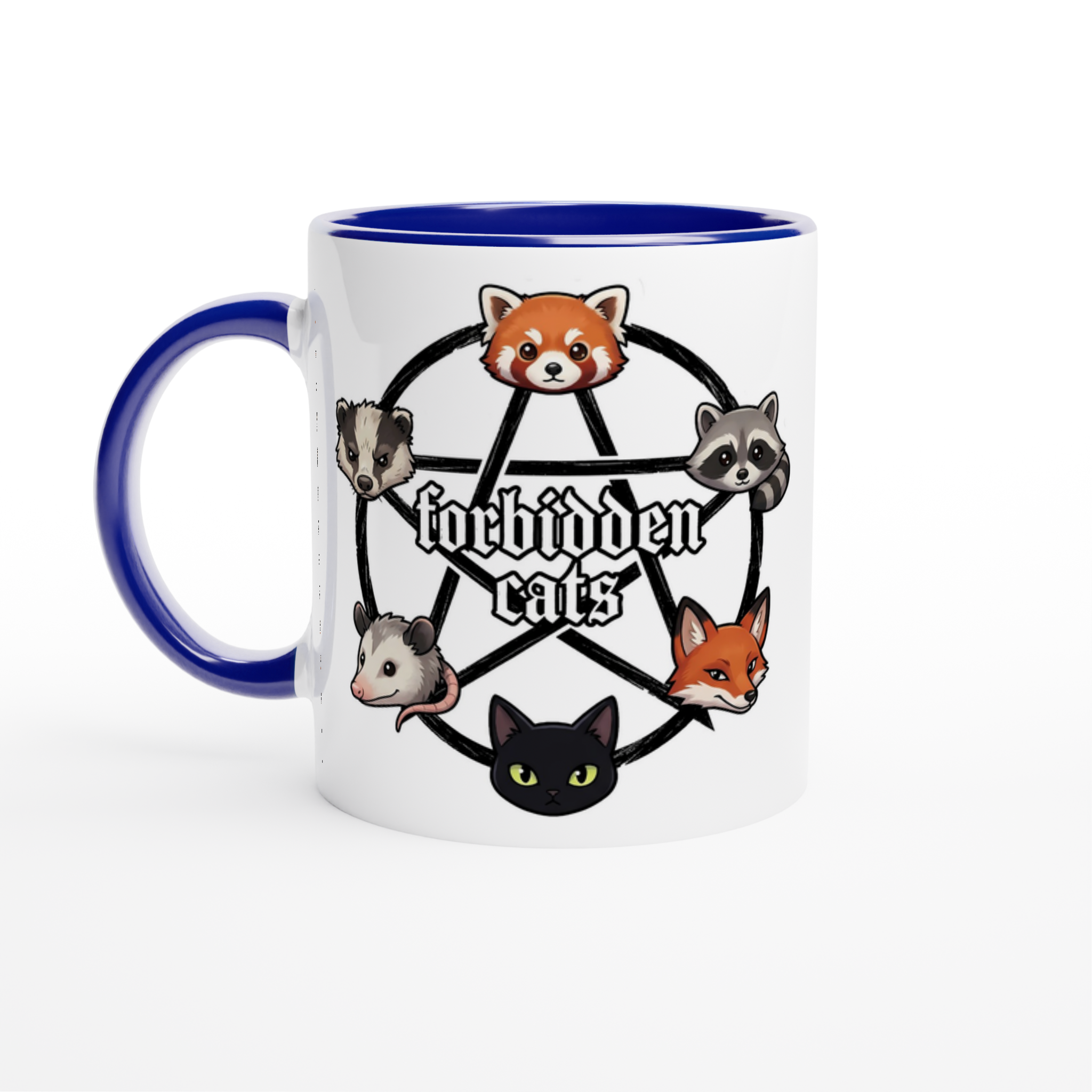 Forbidden Cats white and blue ceramic mug – kawaii red panda fox raccoon opossum black cat pentagram design – cozy gamer gift