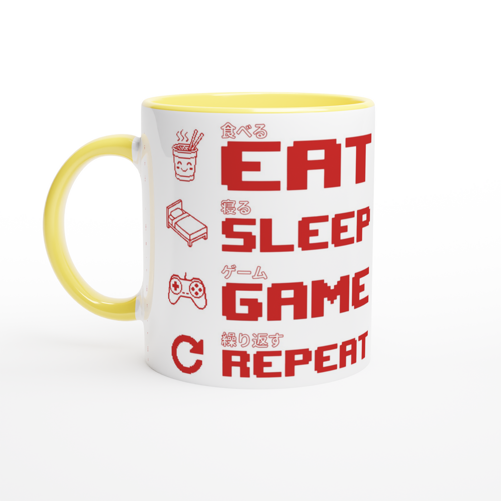 White and yellow ceramic "Eat Sleep Game Repeat" gaming mug with red pixel art icons and Japanese kanji text for eat, sleep, game and repeat – funny gamer gift mug
