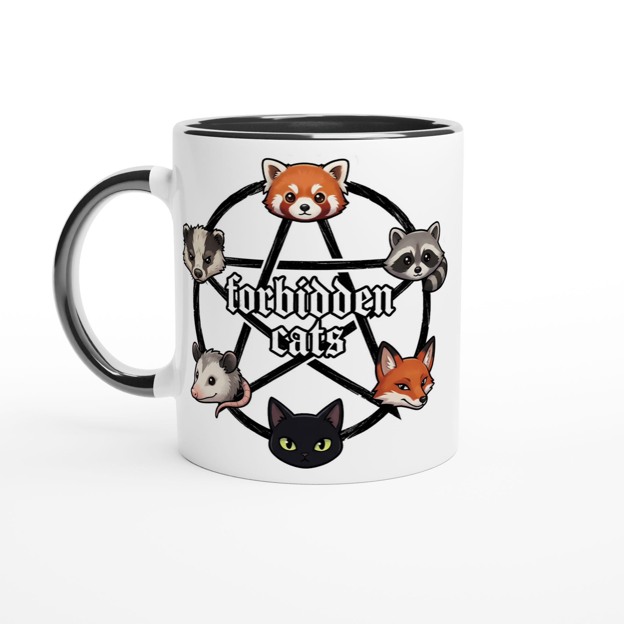 Forbidden Cats white and black ceramic mug – kawaii red panda fox raccoon opossum black cat pentagram design – cozy gamer gift