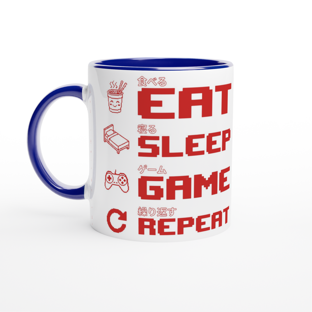 White and blue ceramic "Eat Sleep Game Repeat" gaming mug with red pixel art icons and Japanese kanji text for eat, sleep, game and repeat – funny gamer gift mug