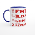 White and blue ceramic "Eat Sleep Game Repeat" gaming mug with red pixel art icons and Japanese kanji text for eat, sleep, game and repeat – funny gamer gift mug