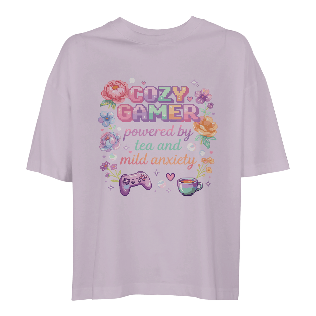 Cozy Gamer powered by tea and mild anxiety liliac Box Fit T-Shirt – pastel floral pixel art gaming tee – kawaii gamer girl merch