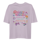 Cozy Gamer powered by tea and mild anxiety liliac Box Fit T-Shirt – pastel floral pixel art gaming tee – kawaii gamer girl merch