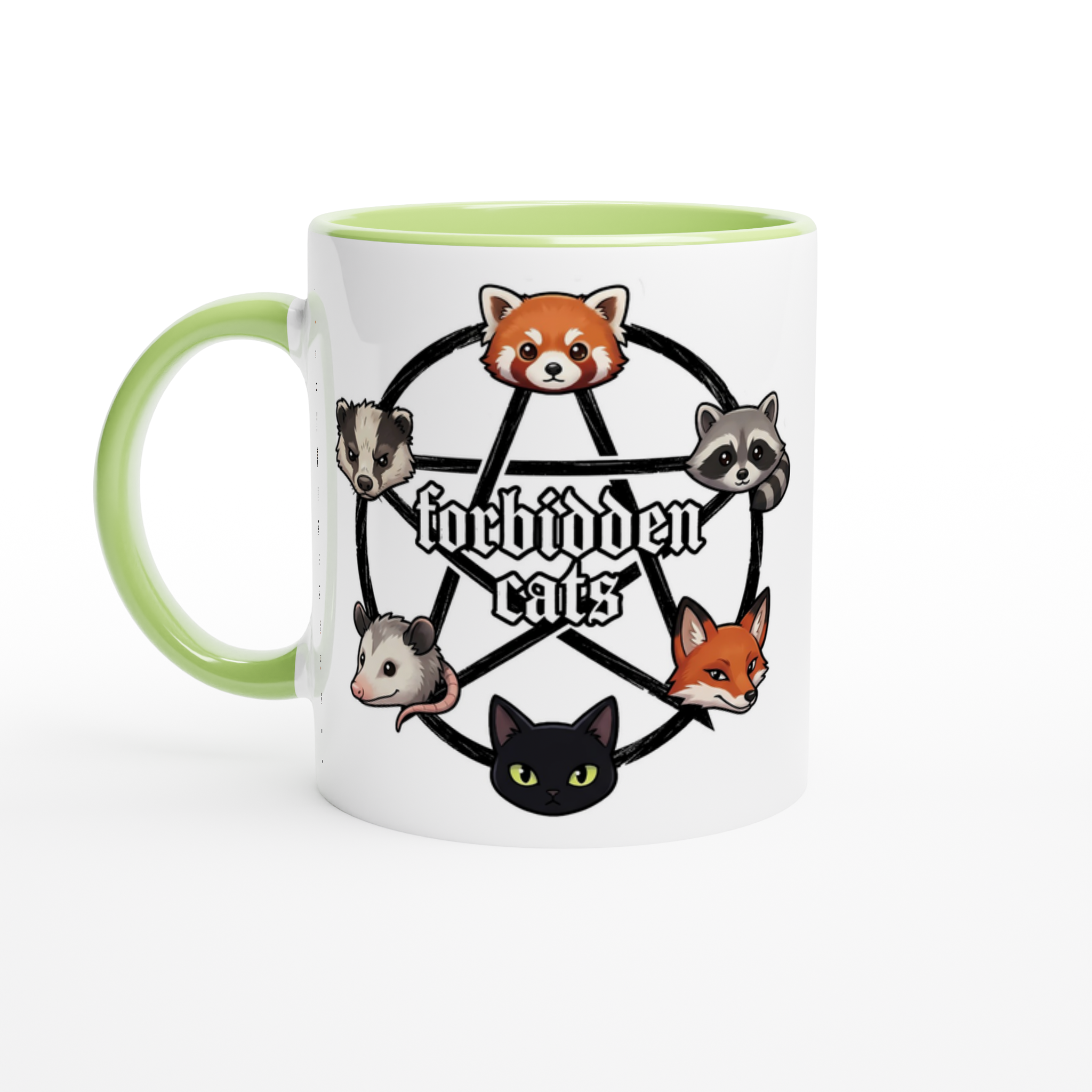 Forbidden Cats white and green ceramic mug – kawaii red panda fox raccoon opossum black cat pentagram design – cozy gamer gift