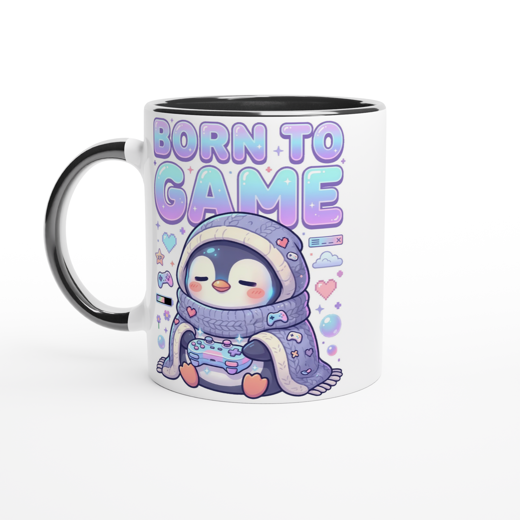Born to Game white and black ceramic mug – kawaii penguin wrapped in blanket holding controller – pastel cozy gamer merch