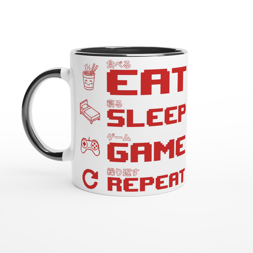 White and black ceramic "Eat Sleep Game Repeat" gaming mug with red pixel art icons and Japanese kanji text for eat, sleep, game and repeat – funny gamer gift mug