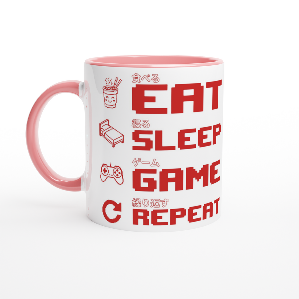 White and pink ceramic "Eat Sleep Game Repeat" gaming mug with red pixel art icons and Japanese kanji text for eat, sleep, game and repeat – funny gamer gift mug