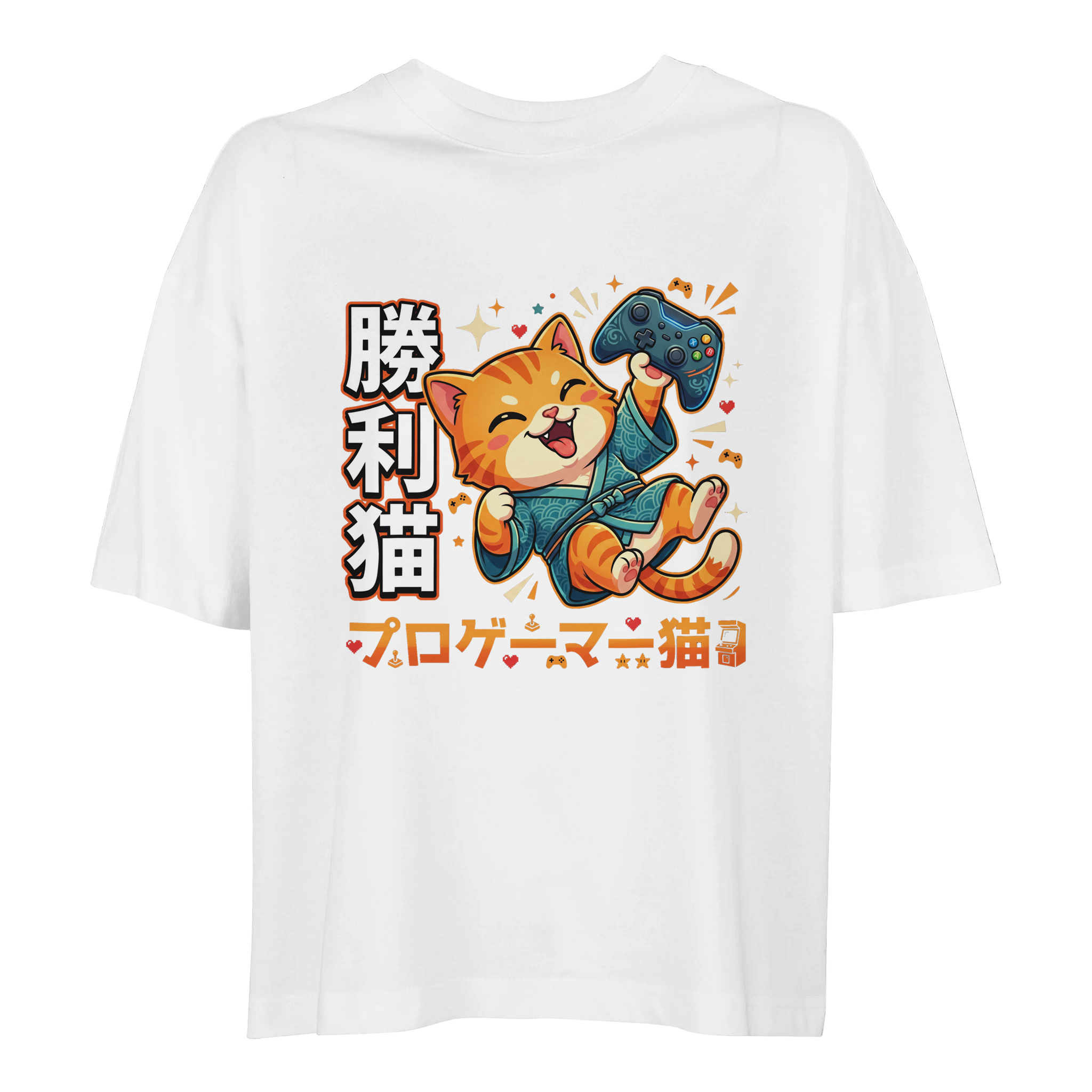 White oversized kawaii cat gamer t-shirt with Japanese kanji print – cute anime cat holding controller – cozy gaming merch
