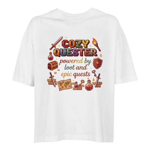 Cozy Quester powered by loot and epic quests white oversized t-shirt – pixel art RPG gaming tee – kawaii gamer merch