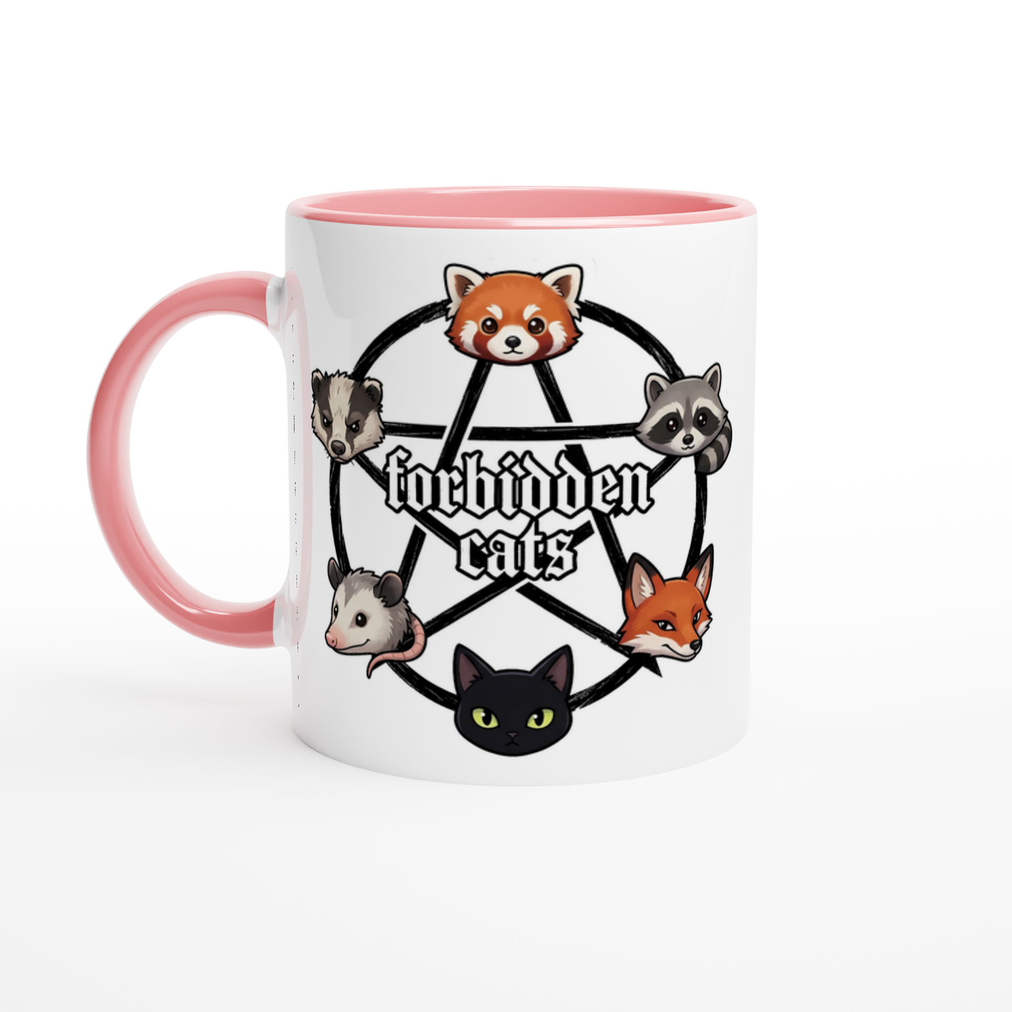 Forbidden Cats white and pink ceramic mug – kawaii red panda fox raccoon opossum black cat pentagram design – cozy gamer gift