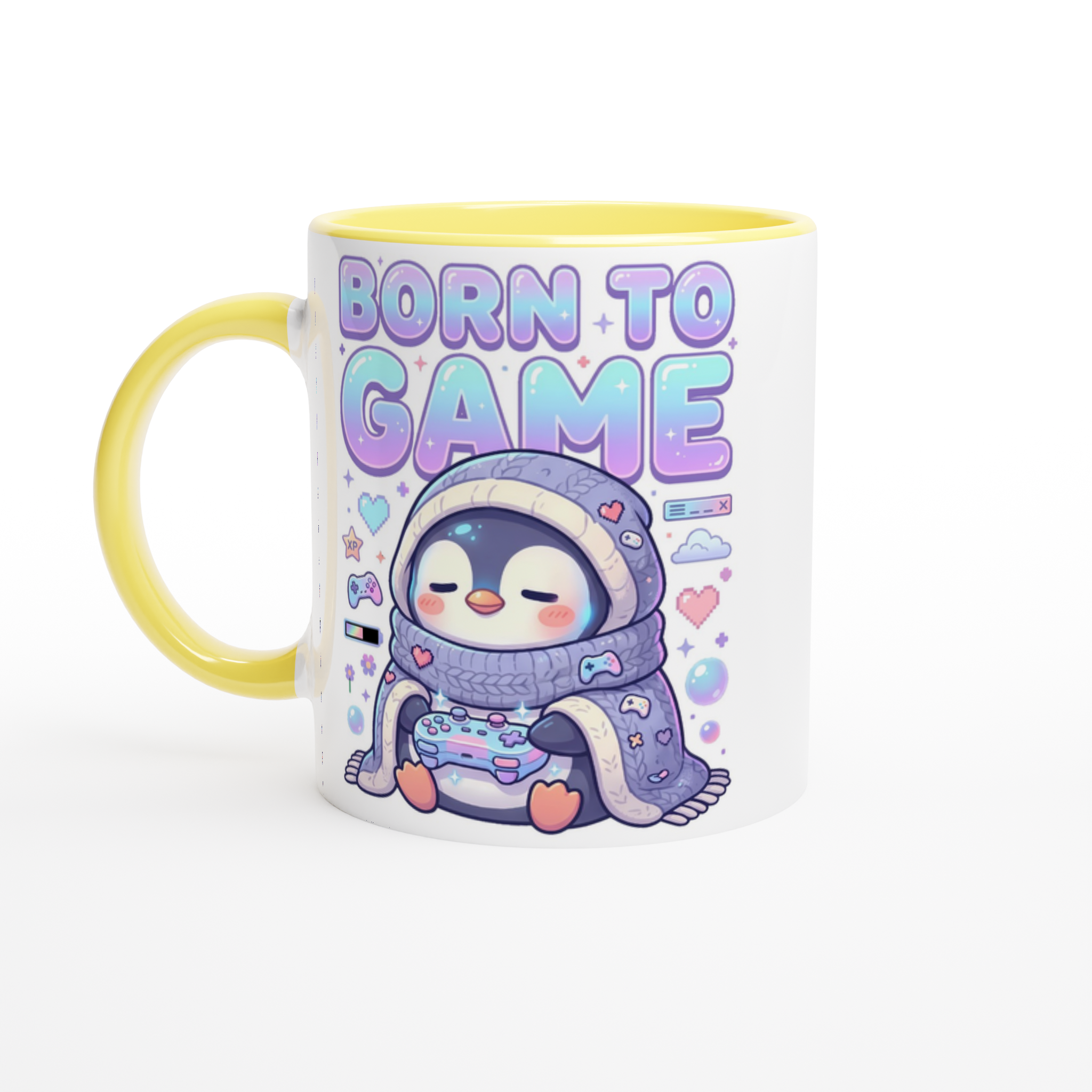 Born to Game white and yellow ceramic mug – kawaii penguin wrapped in blanket holding controller – pastel cozy gamer merch