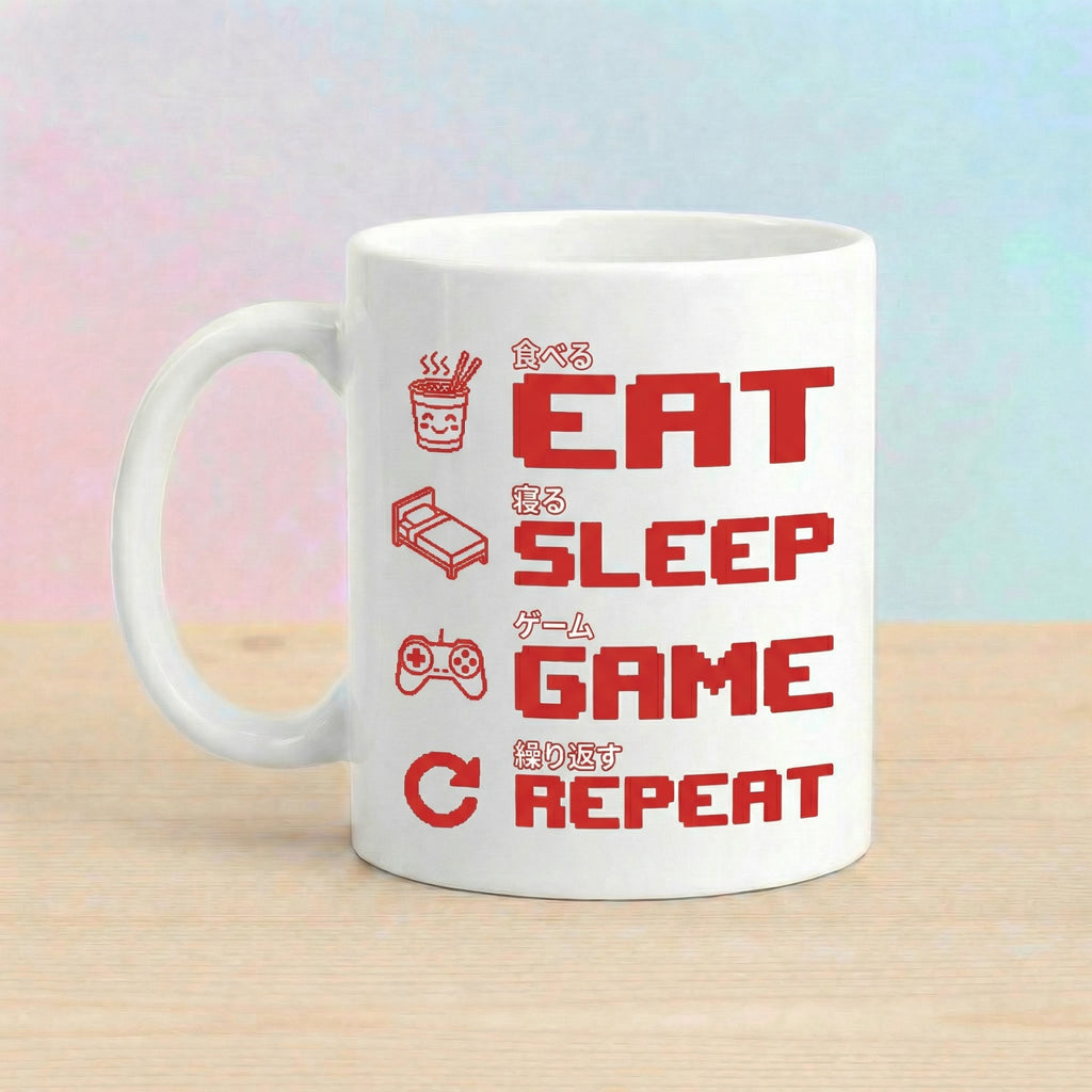 White ceramic "Eat Sleep Game Repeat" pixel art gaming mug with red Japanese kanji text on wooden surface with soft pink-blue pastel background – Japanese aesthetic gamer gift mug