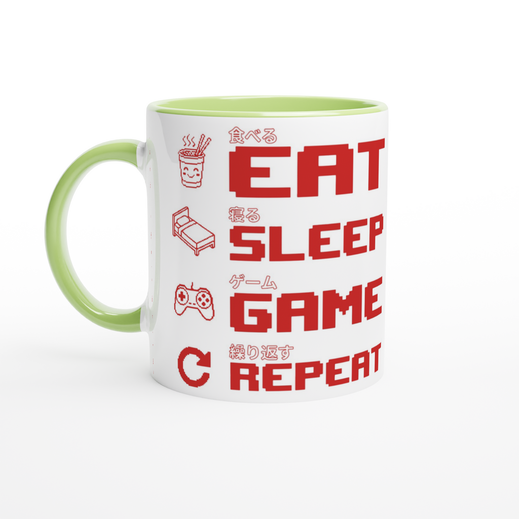 White and green ceramic "Eat Sleep Game Repeat" gaming mug with red pixel art icons and Japanese kanji text for eat, sleep, game and repeat – funny gamer gift mug