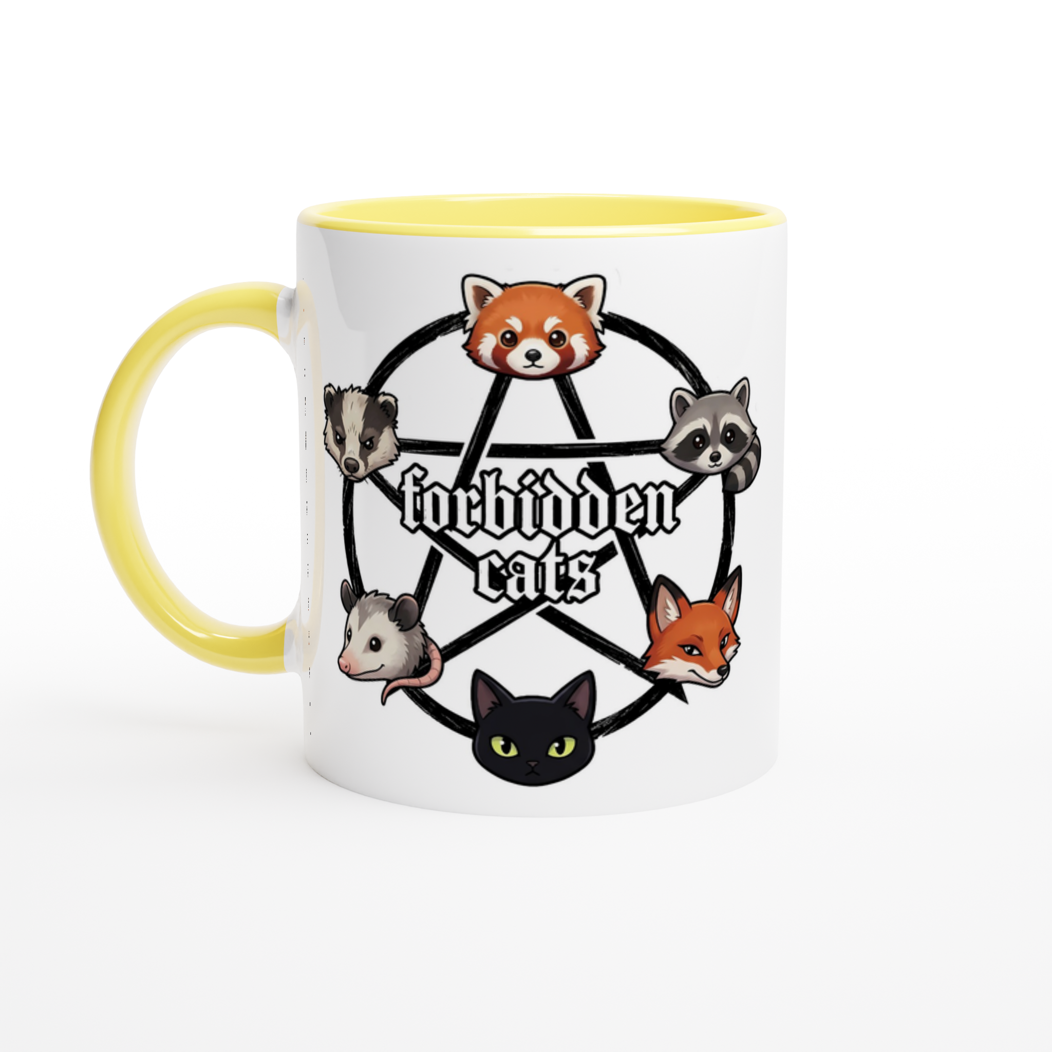 Forbidden Cats white and yellow ceramic mug – kawaii red panda fox raccoon opossum black cat pentagram design – cozy gamer gift
