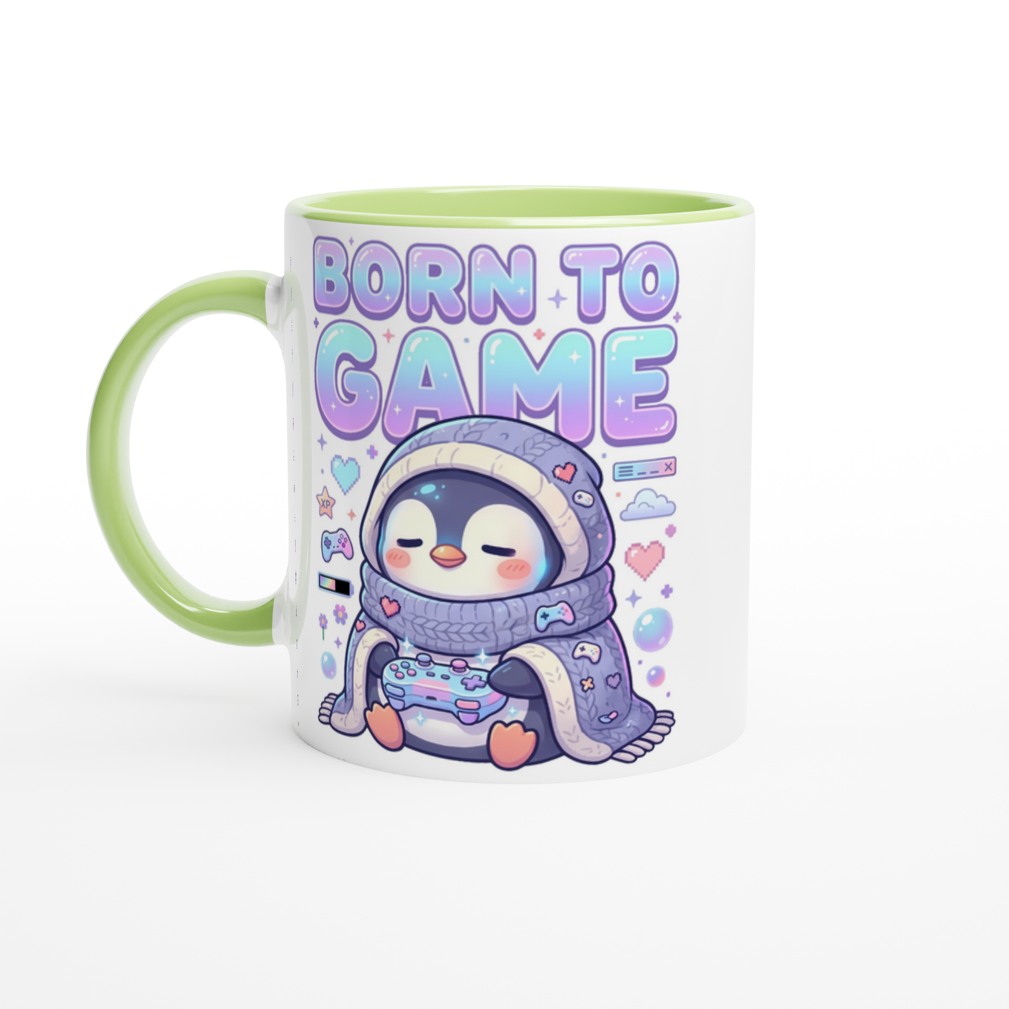 Born to Game white and green ceramic mug – kawaii penguin wrapped in blanket holding controller – pastel cozy gamer merch