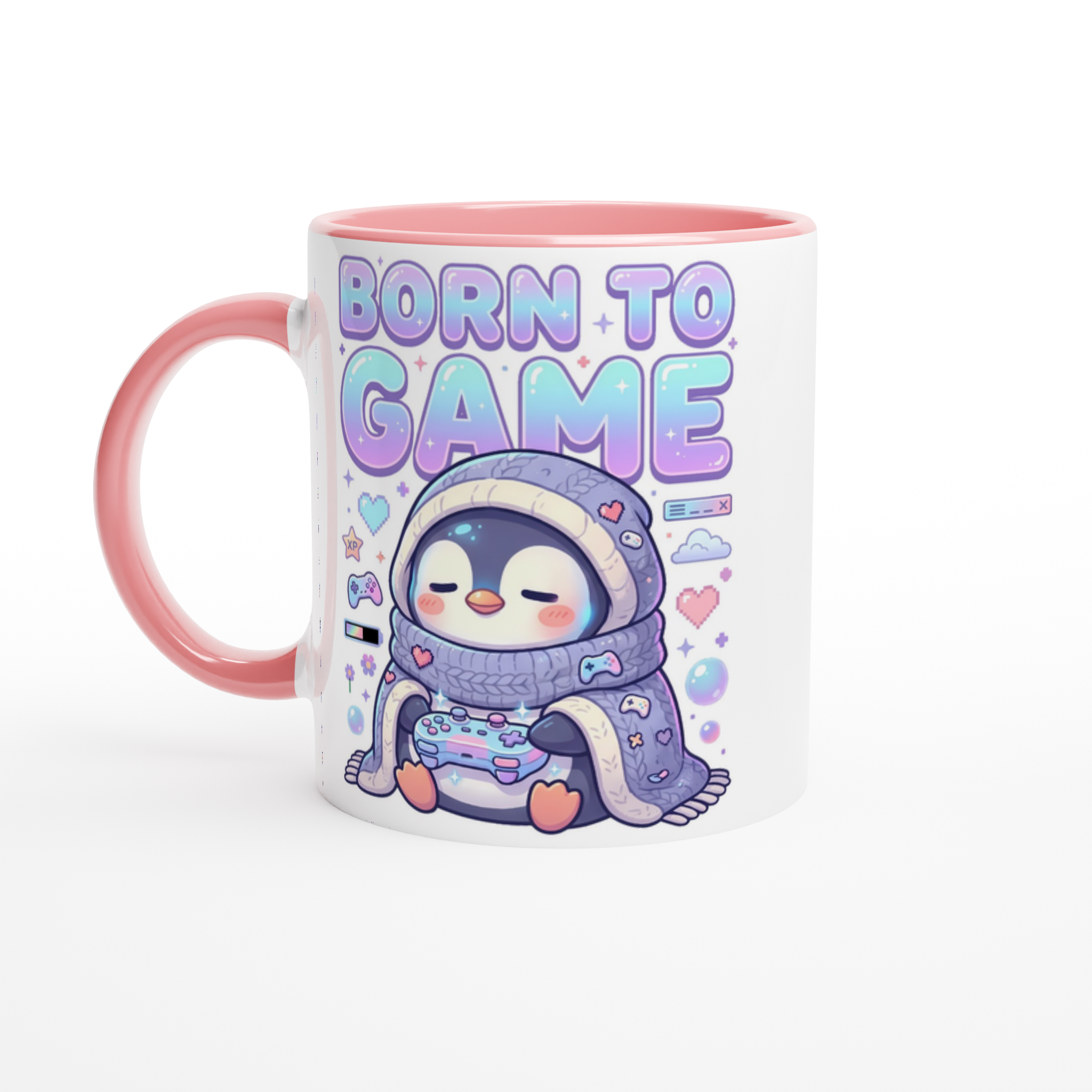 Born to Game white and pink ceramic mug – kawaii penguin wrapped in blanket holding controller – pastel cozy gamer merch