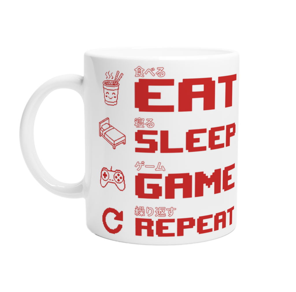 White ceramic "Eat Sleep Game Repeat" gaming mug with red pixel art icons and Japanese kanji text for eat, sleep, game and repeat – funny gamer gift mug