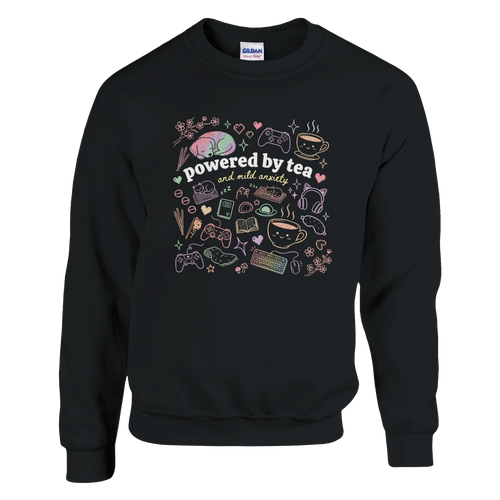 Powered by tea and mild anxiety black sweatshirt – pastel neon doodle print with gaming controllers tea cups and sleeping dog – cozy gamer girl merch