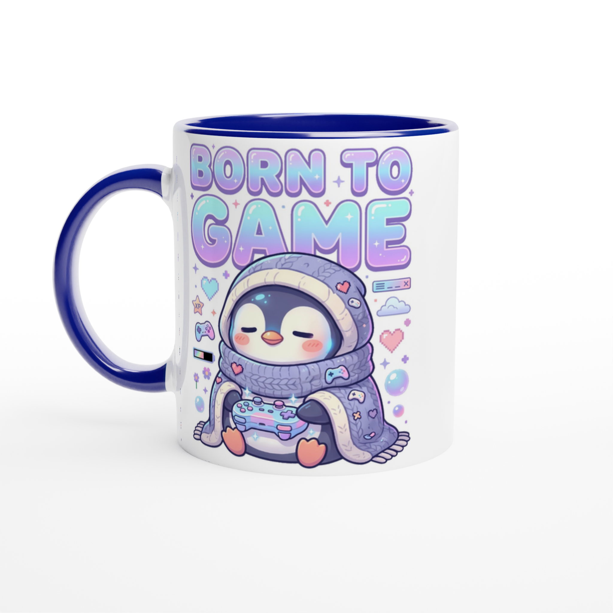 Born to Game white and blue ceramic mug – kawaii penguin wrapped in blanket holding controller – pastel cozy gamer merch