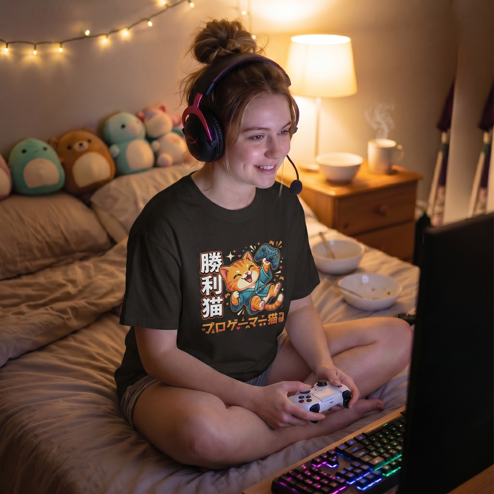 Japanese Gaming Gato  - Cozy Box Fit T-Shirt 😸