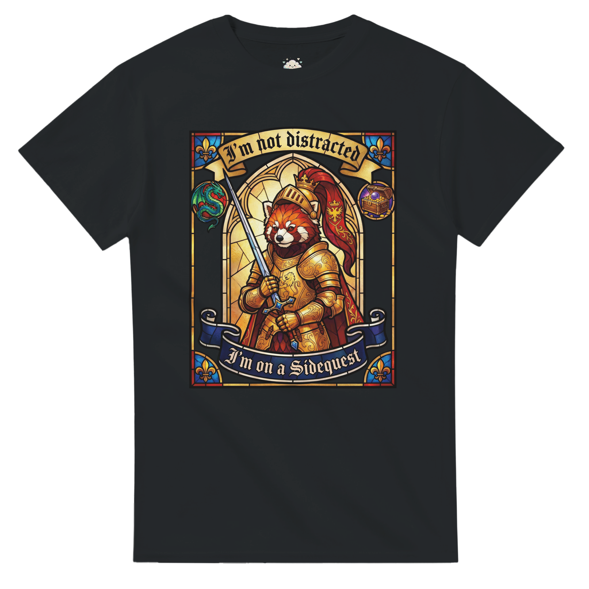 I'm on a Sidequest navy gaming t-shirt – kawaii red panda knight fantasy RPG stained glass print – cozy gamer merch